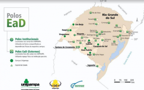 Mapa, pontos em 22 cidades que possuem polo UAB/Unipampa
